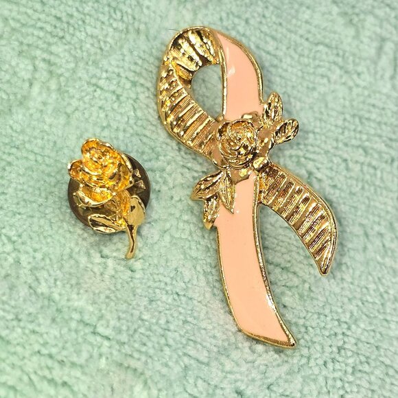 Gold & Peach Ribbon Awareness Pin With Rose and Gold Rose Lapel Pin Set JE360 - Picture 2 of 6